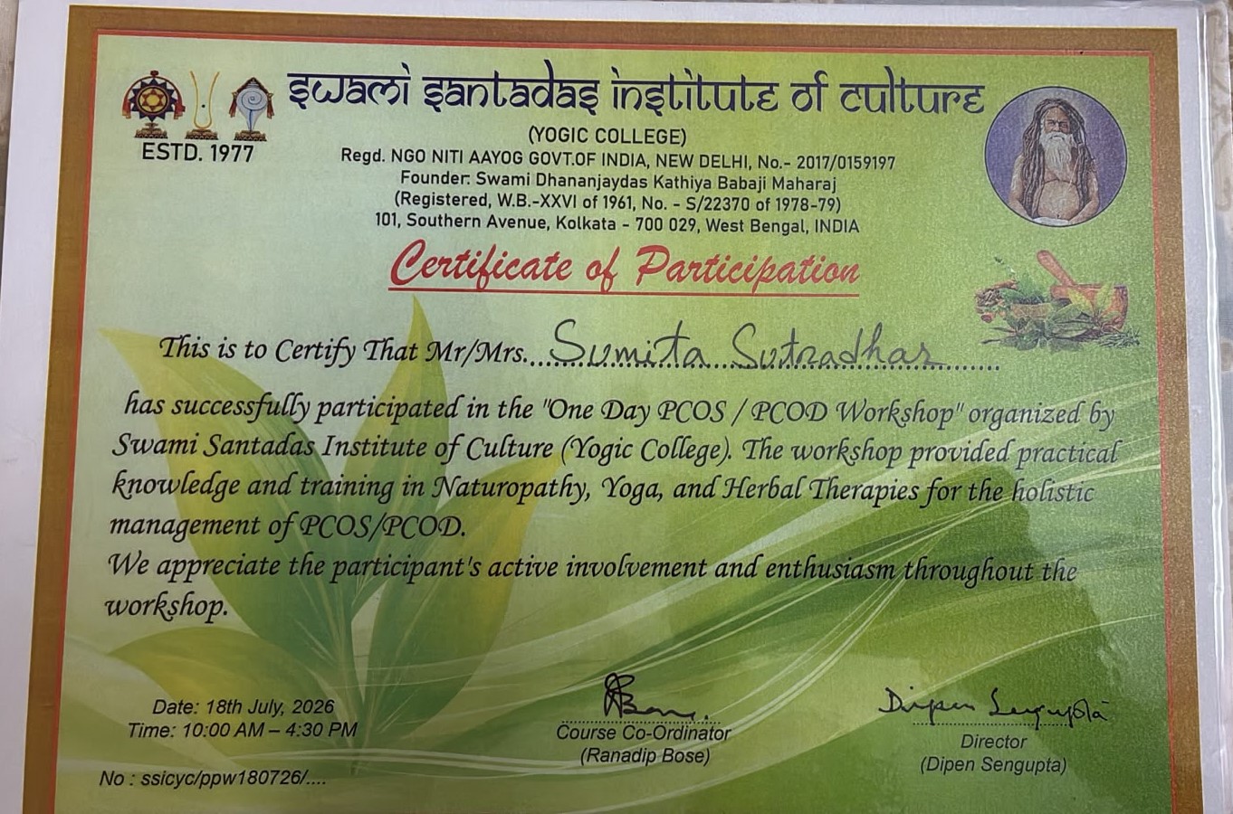 Certificate of Participation – One Day PCOS / PCOD Workshop